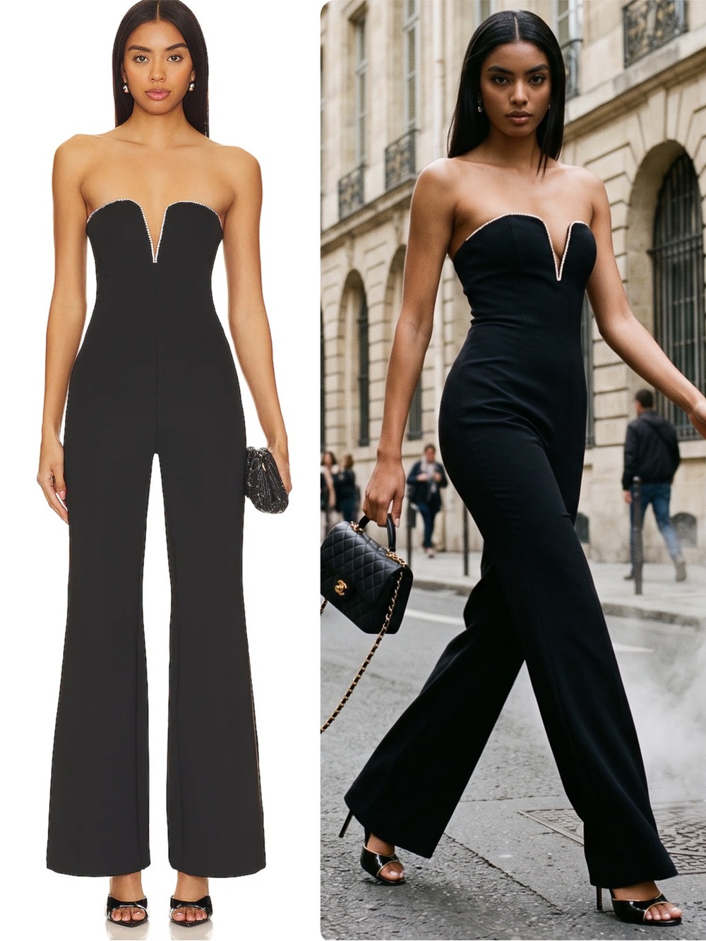 Good American Scuba Black Strapless Rhinestone Trim Sweetheart Jumpsuit NWT $169